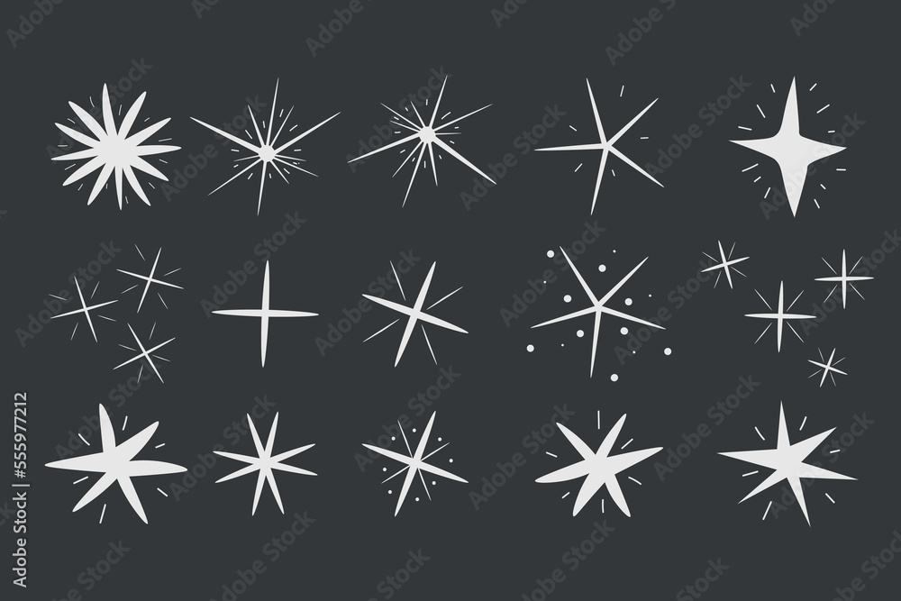 Hand drawn sparkling stars. Retro abstract illustration with hand drawn sparkles for celebration design. Geometric shape.