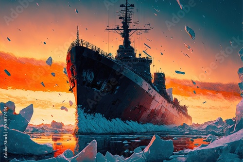 Fotobehang Ship breaking through the ice in a frozen sea illustration