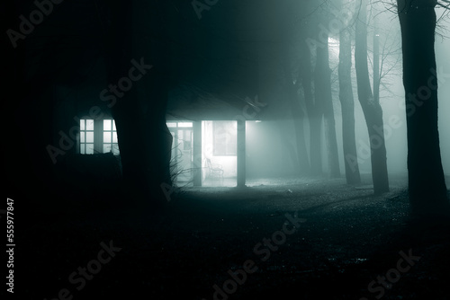 Haunted horror house in the misty forest