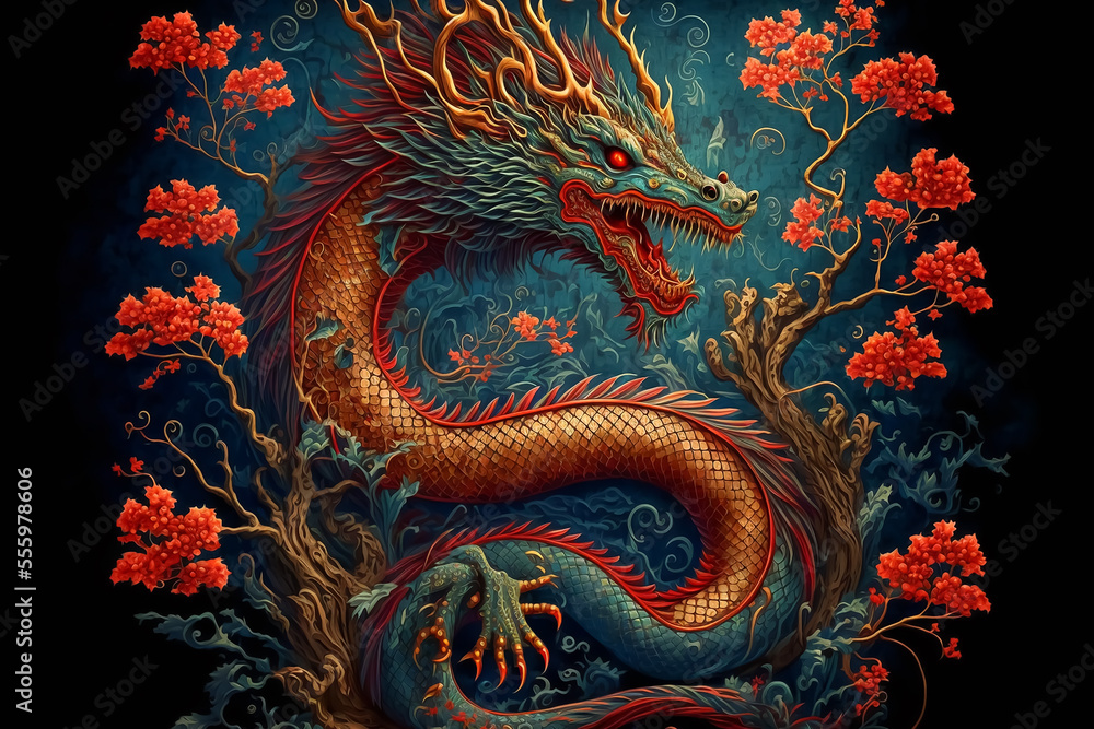 A fantastic illustration of ancient Chinese style theme Dragon. Generative AI	 - obrazy, fototapety, plakaty 