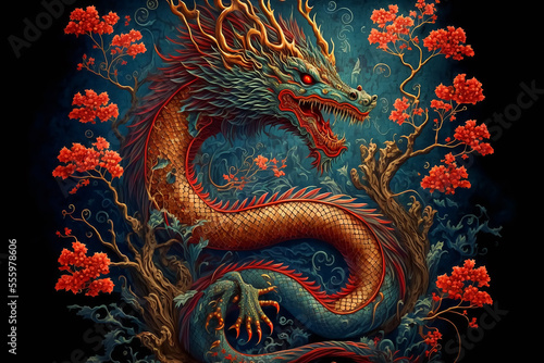 A fantastic illustration of ancient Chinese style theme Dragon. Generative AI 