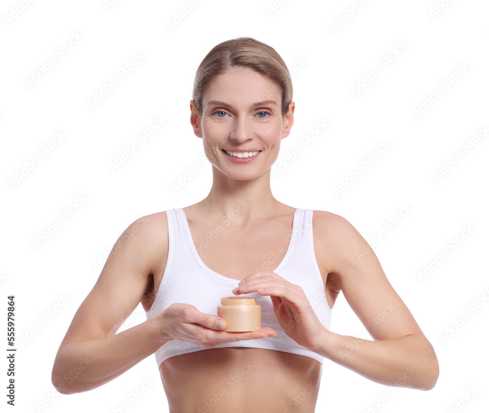 Woman with jar of body cream on white background Woman with jar of body cream on white background