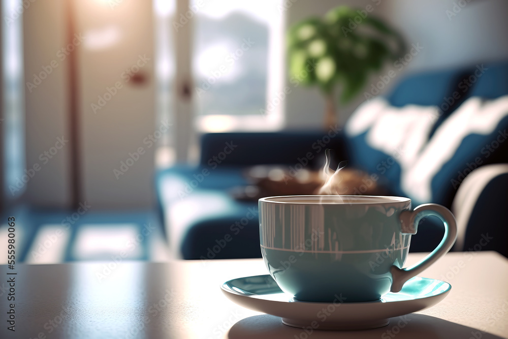 blue coffee cup with steam on wooden table blue coffee cup with steam on wooden table