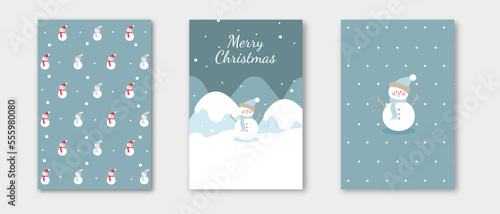 Minimalism merry christmas holiday cover template vector set. Blue snowmen on white and blue background with snow and snowflakes. Design for card, corporate, greeting, wallpaper, poster.