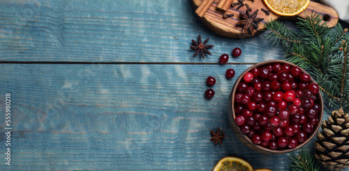Flat lay composition with fresh ripe cranberries on blue wooden table, space for text. Banner design