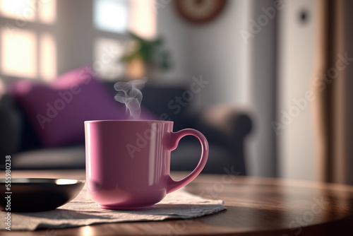 pink coffee cup with steam on wooden table