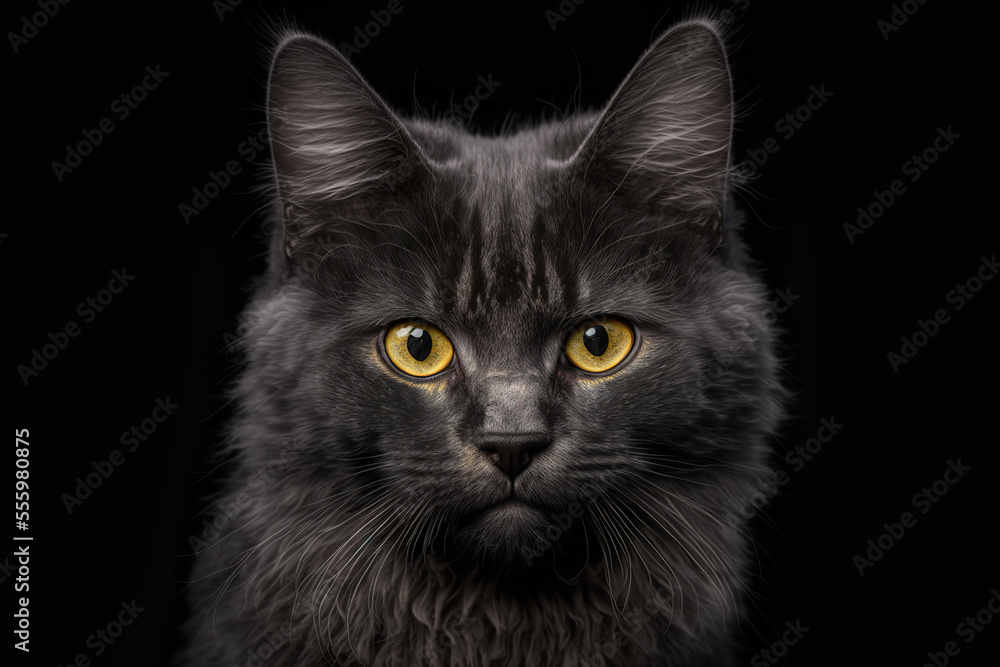 Cute black cat on black background, generative ai