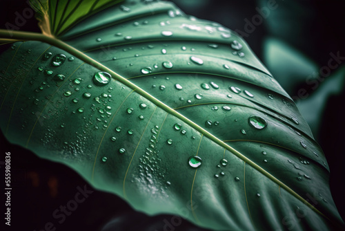 close-up of a green leaf with raindrops