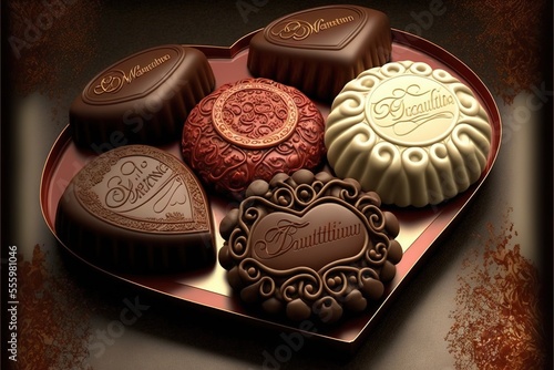 a heart shaped tray of chocolates with a decorative heart on top of it.