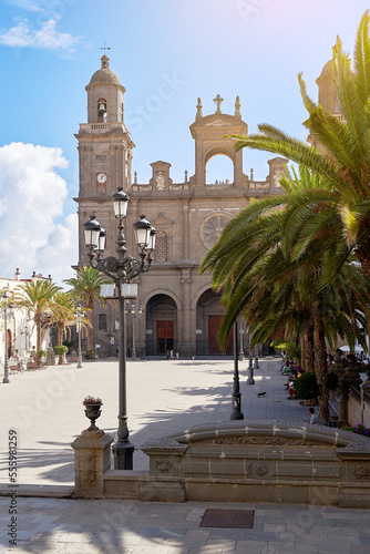 Street lantern in front of the Cathedral of Santa Ana in Las Palmas, Canary Islands on a sunny day