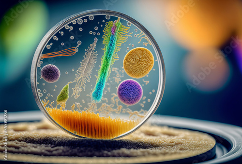 Macro close up shot of bacteria and virus cells in a scientific laboratory petri dish. Generative ai