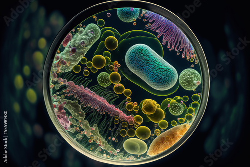 Photographie Macro close up shot of bacteria and virus cells in a scientific laboratory petri dish