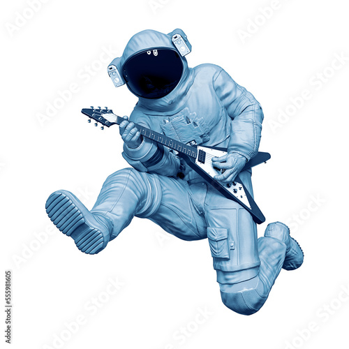 astronaut is jumping and playing guitar