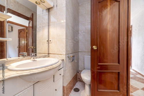 Small bathroom with porcelain sink on white wooden cabinet with integrated mirror and varnished sapele door