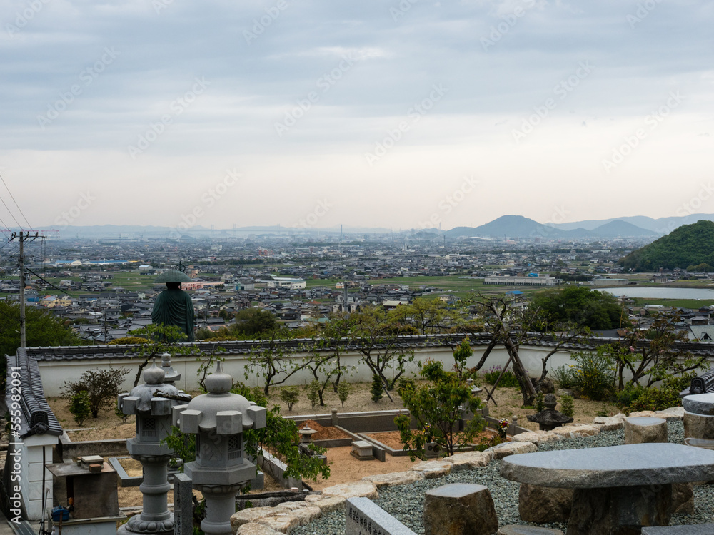 Scenic view of the plains of Sanuki from the entrance to Shusshakaji, temple 73 of Shikoku pilgrimage - Zentsuji, Kagawa prefecture, Japan