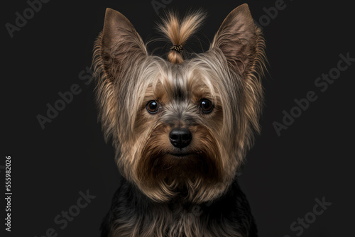 Cute yorkshire terrier dog on black background, generative ai photo