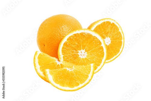 Orange citrus fruit pieces, whole, half and slice isolated on white background