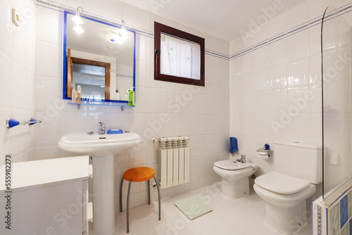 Bathroom with white toilets and furniture  mirror with blue frame and aluminum radiator under the window