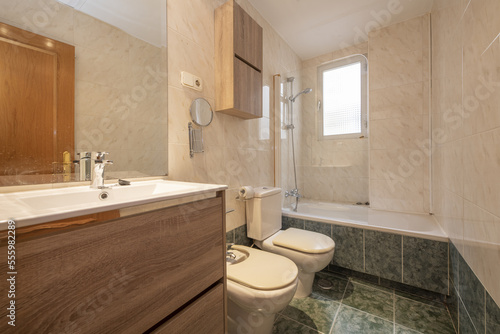 Bathroom with wooden furniture  porcelain sinks  shower column in the bathtub and green tiles on the floor