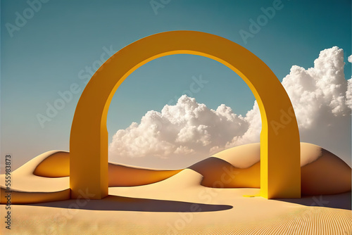3d render. Surreal desert landscape. Yellow square portals on sunny day. Modern minimal abstract background