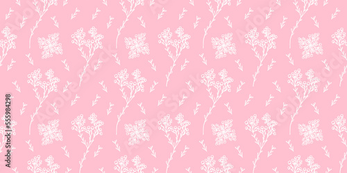 Botanical vector seamless pattern floral repeat background garden flowers hand drawn minimalistic style white pink color 