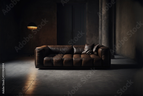 brown leather couch in dark modern stylish room
