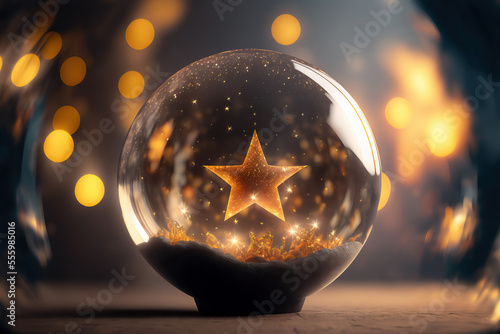 close-up of glass sphere with a golden star and bokeh