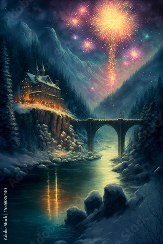 fantasy landscape with fireworks, generated image