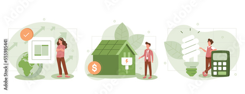 Sustainability illustration collection. Energy consumption in household. Characters using energy efficient devices, paying less and saving money. Power save concept. Vector illustration