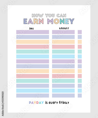 Vector Planner for Kids, Earn Money Chart Template, Kids Reward Chore Chart, Colorful Chart. 