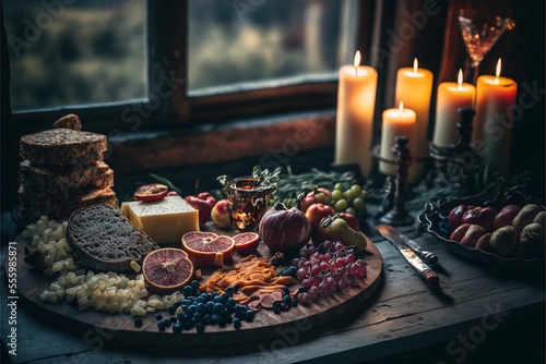 a table with a variety of food and candles on it.