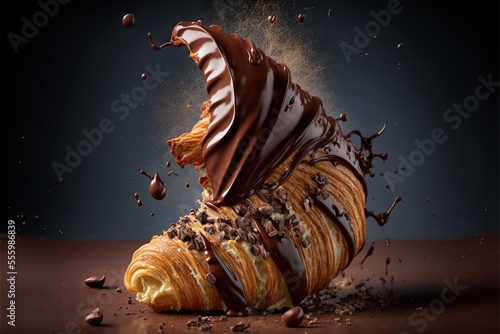 a chocolate covered pastry is falling into the air with chocolate sprinkles on it and chocolate chips scattered around.