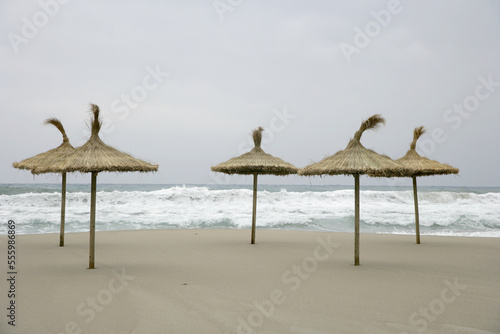 Tiki Umbrellas on Beach, Canyamel, Majorca, Spain photo