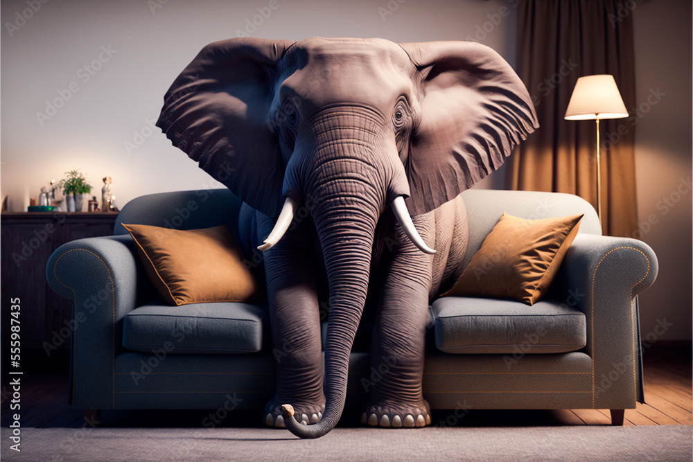 Domesticated elephant sitting on a couch chair in house living room