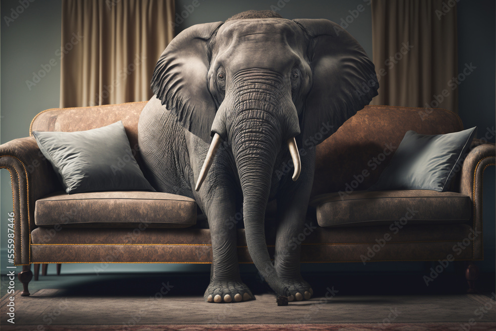Domesticated elephant sitting on a couch chair in house living room. Created with generative AI.