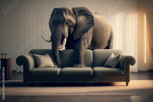 Domesticated elephant sitting on a couch chair in house living room. Created with generative AI. photo