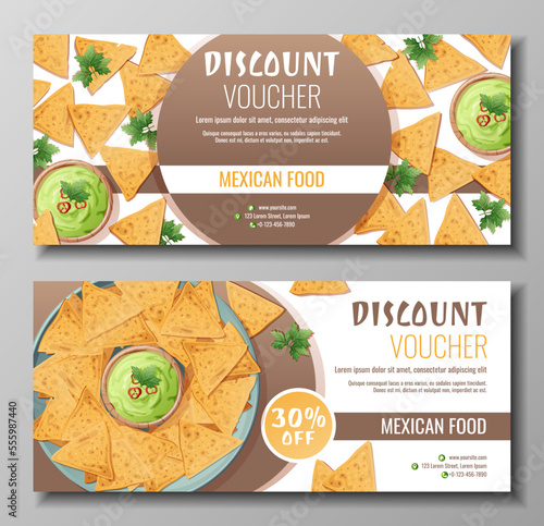 Discount voucher, mexican food template design. Coupon with nachos and guacamole sauce. Banner, poster, flyer, advertising for a restaurant