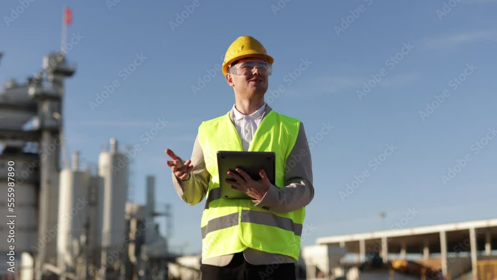 A professional engineer a heavy industry worker, an inspector dressed in a protective uniform and a helmet with a tablet computer stands and communicates with a group of people on camera. A professional engineer a heavy industry worker, an inspector dressed in a protective uniform and a helmet with a tablet computer stands and communicates with a group of people on camera.