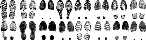 Big set of vector images double men and women footprints stamped with black ink, grunge footsteps