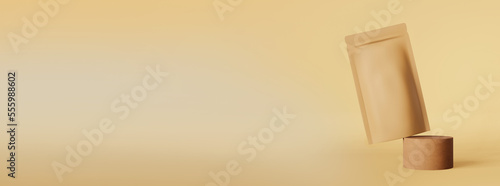 Balancing brown paper pouch bag coffee bean 3D rendering podium banner design. Merchandise packaging logo promo. Blank matte kraft product doy pack levitating template Shop sale discount demonstration