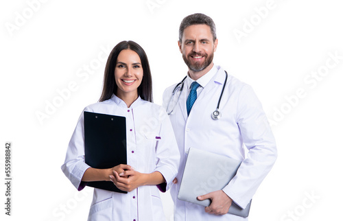 cheerful internist and doctor with laptop and anamnesis. doctor and internist isolated on white photo