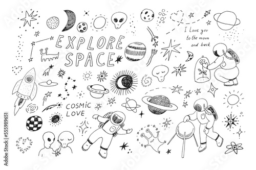 Doodle space cosmonaut vector line illustrations set.