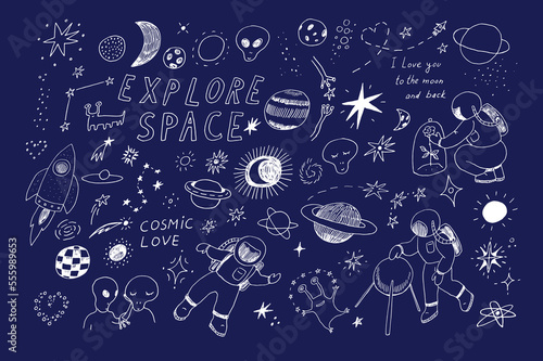 Doodle space cosmonaut vector line illustrations set.