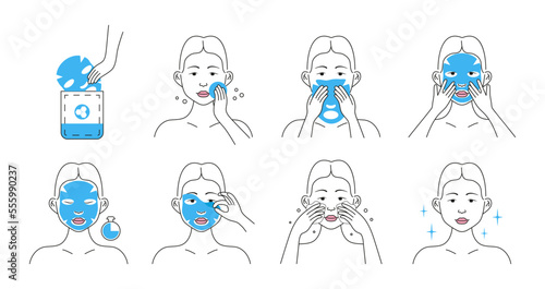 Facial mask sheet applying icon vector. Face skincare, treatment, spa procedure relaxation. Girl shows how to cleaning, whiting face and use cosmetic mask.