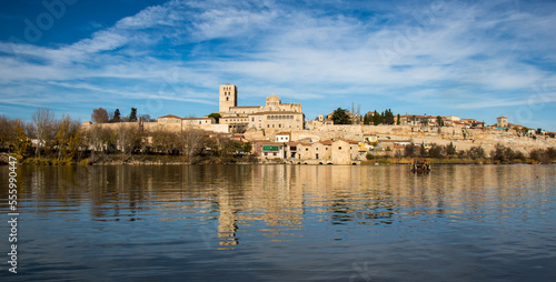 Panoramic view of the monumental city of Zamora and its reflections in the Duero river photo
