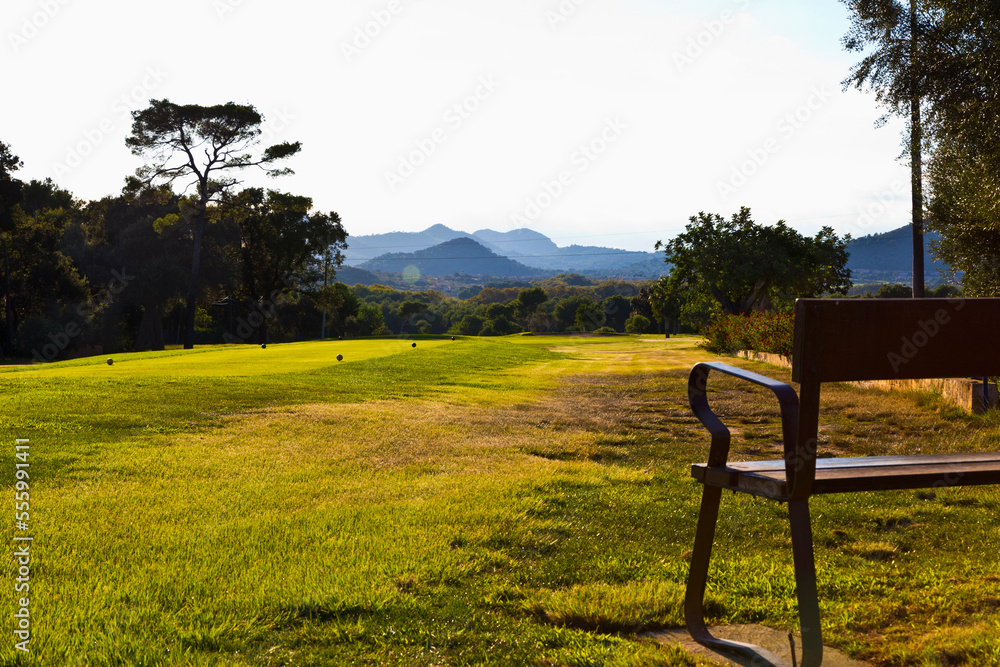 Bench at Golf Course, Son Servera, Majorca, Balearic Islands, Spain Bench at Golf Course, Son Servera, Majorca, Balearic Islands, Spain