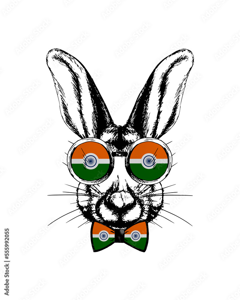 Easter bunny hand drawn portrait. Patriotic sublimation in colors of national flag on white background. India