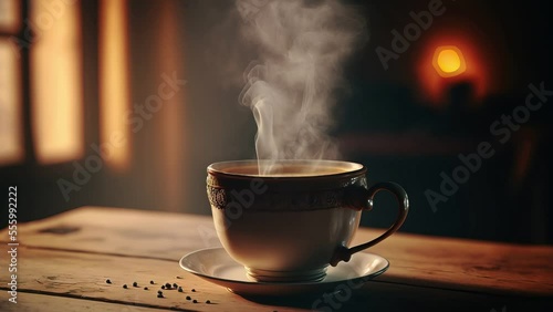 Cinemagraph of brown coffee cup with steam on wooden table 
