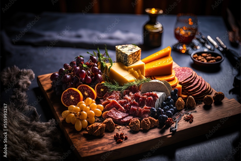a wooden cutting board topped with cheese and meats next to a bottle of wine and a glass of wine.