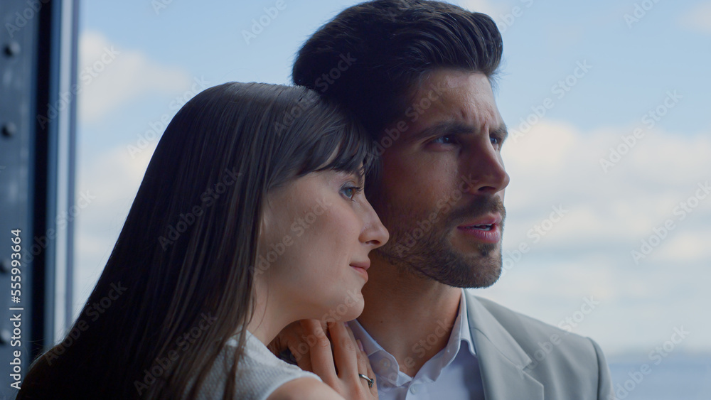 Romantic couple talking in sea view luxury hotel closeup. Relationship concept Romantic couple talking in sea view luxury hotel closeup. Relationship concept